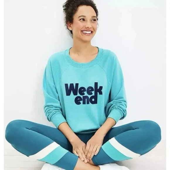 Lou & Grey Loft Cotton Terry Oversized Blue Green Womens Sweater Weekend Small - Picture 1 of 8